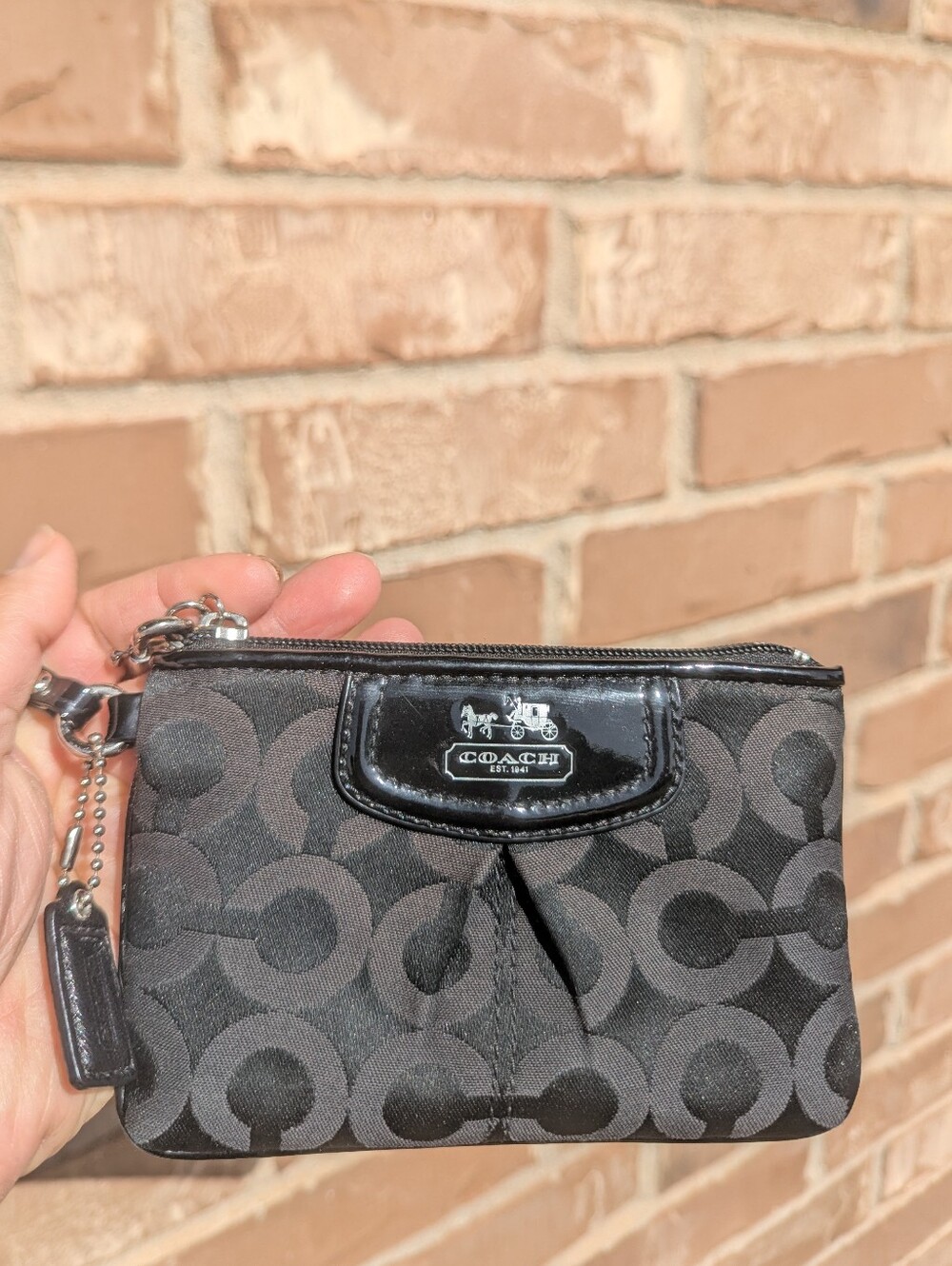 Coach Madison Op Art Signature Horse Carriage Sateen/Patent Leather Wristlet